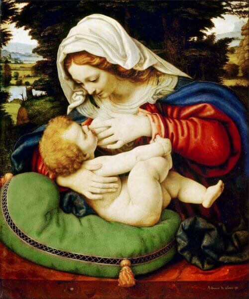 Reprodukcja obrazu „Matka Boska karmiąca”, „Madonna z zieloną poduszką” – Andrei Solario