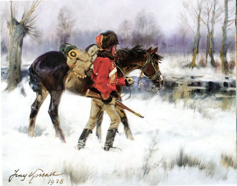 obraz Kossak_Huzar z koniem w pejzażu zimowym