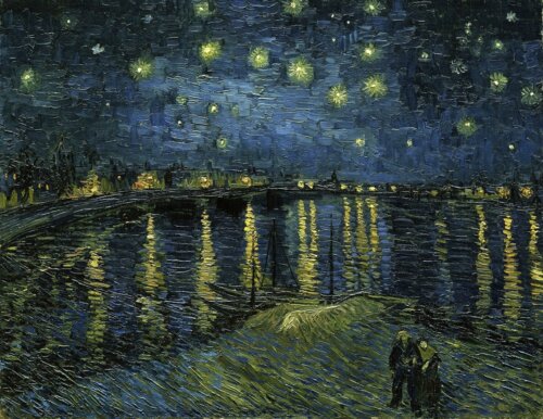 Granatowy obraz nocne niebo nad rzeką z gwiazdami reprodukcja Gwiaździsta noc nad Rodanem Vincent van Gogh na płótnie