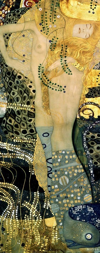 Zmysłowa secesyjna kompozycja wodnych nimf ze złotymi ornamentami reprodukcja Hydra Gustav Klimt na płótnie