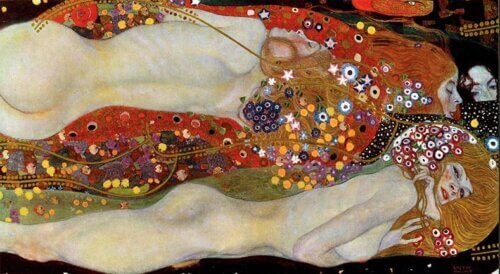 Secesyjny obraz ze złoceniami i kobietami reprodukcja Wodne węże II Gustav Klimt na płótnie