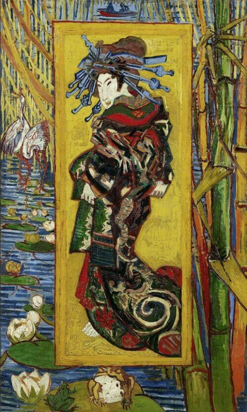 Japońska postać w kimonie na żółtym tle reprodukcja Kurtyzana według Eisena Vincent van Gogh na płótnie