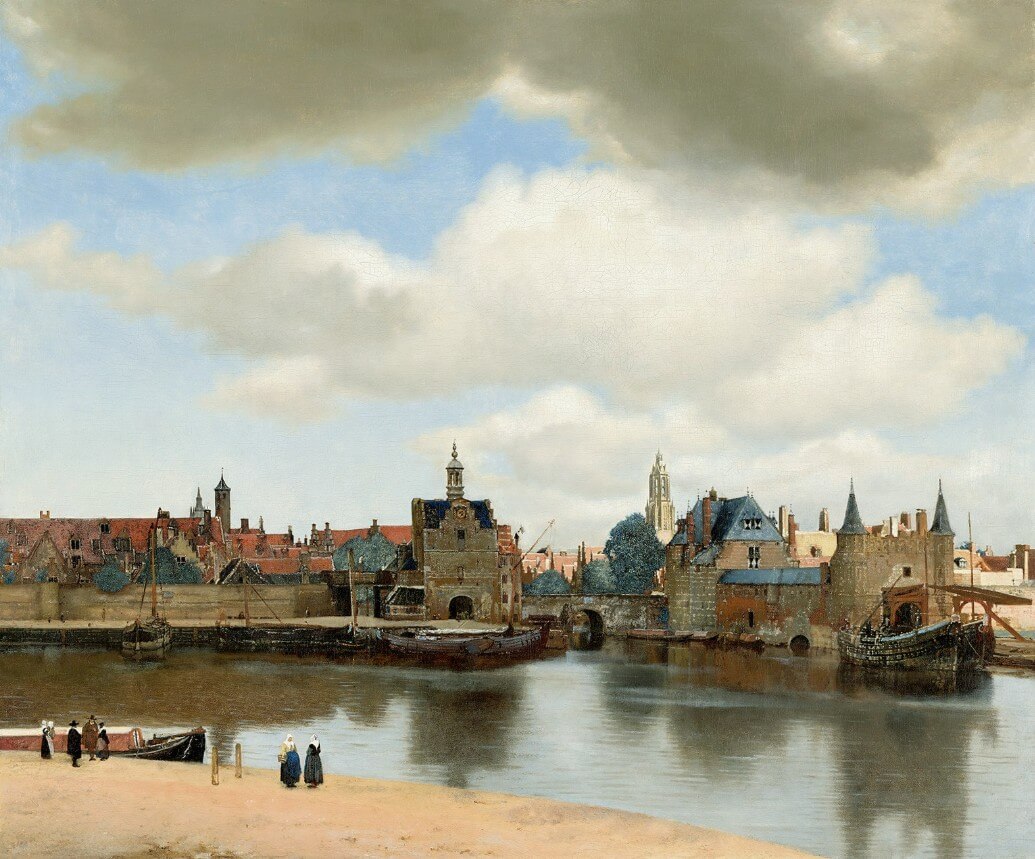 Panorama miasta Delft nad wodą pod zachmurzonym niebem reprodukcja Widok Delftu Jan Vermeer na płótnie